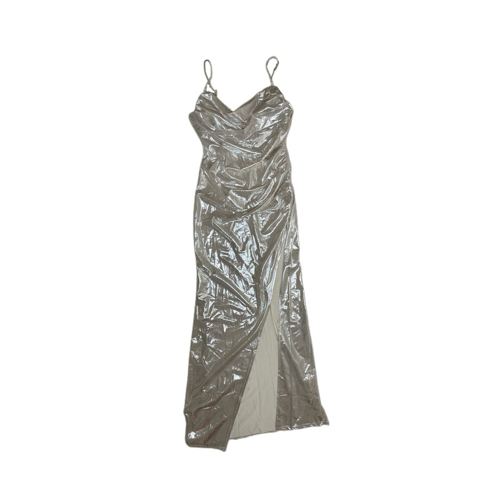 LORAGAL Silver Wet Metallic Cowl Neck Long Party Dress High Hip Slit Sz Med NWT